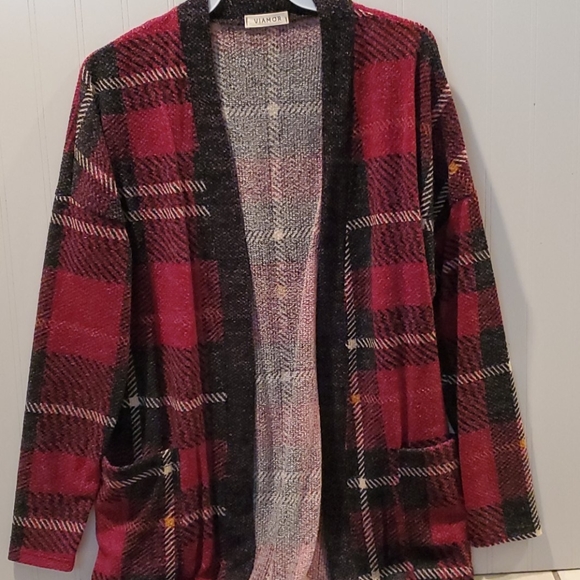 Red Plaid Open Cardigan S-L - Picture 5 of 5